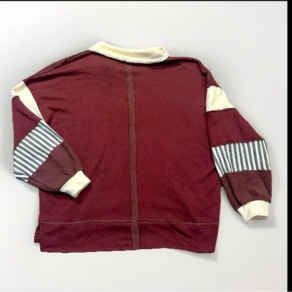 Boutique Women's S Burgundy Cream Sweatshirt Oversized Pullover Terry Cloth - Picture 4 of 9